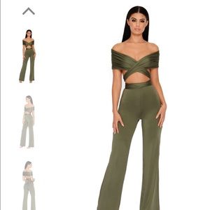 Late Night Ruche Bardot Two Piece Set -Khaki Green